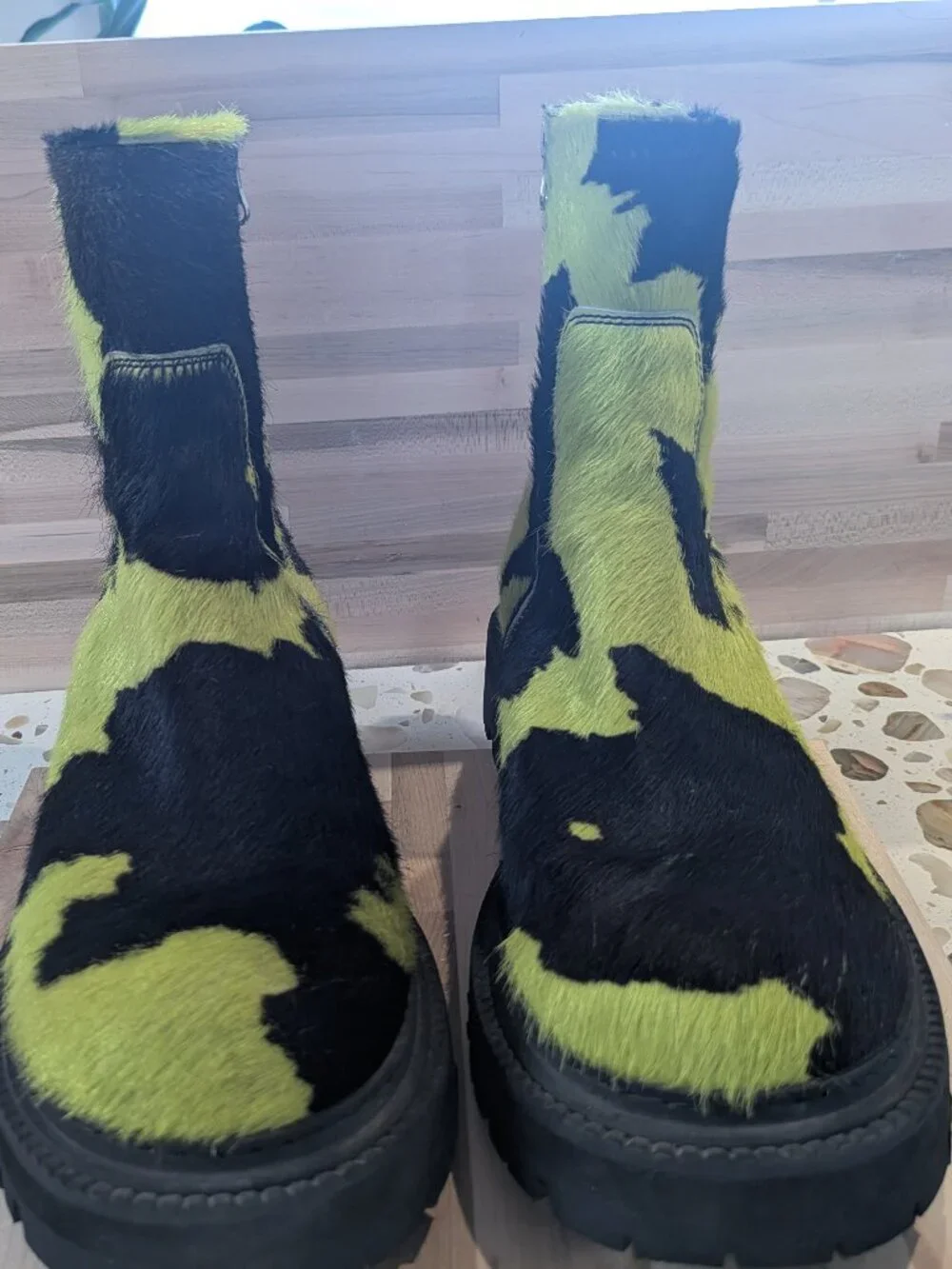 CamperLab Eki Calf Hair Cow Print Chunky Boots Green Black Men's 10.5 - W 12.5
